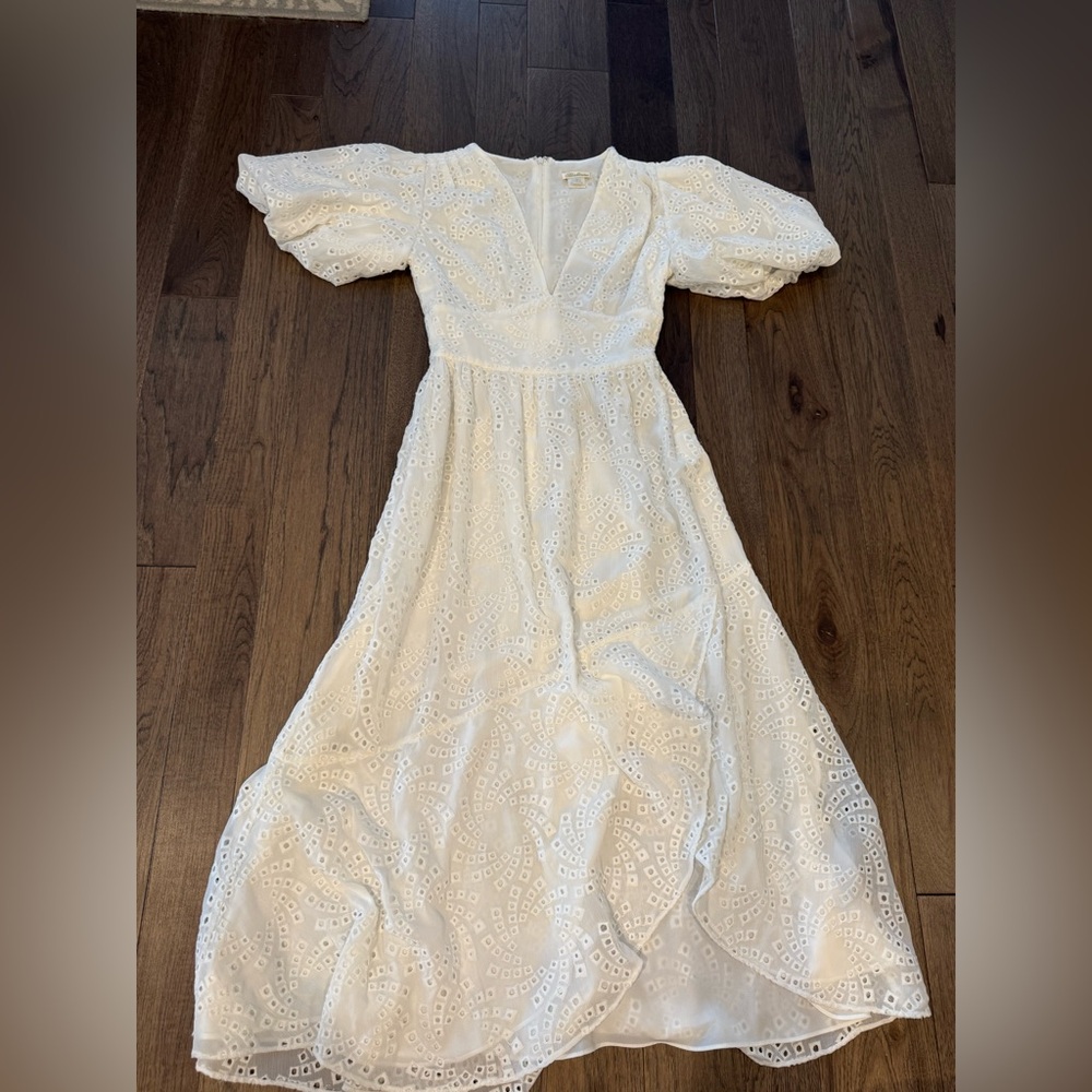 Shoshanna White Eyelet Maxi Dress Puff Sleeve V-neck